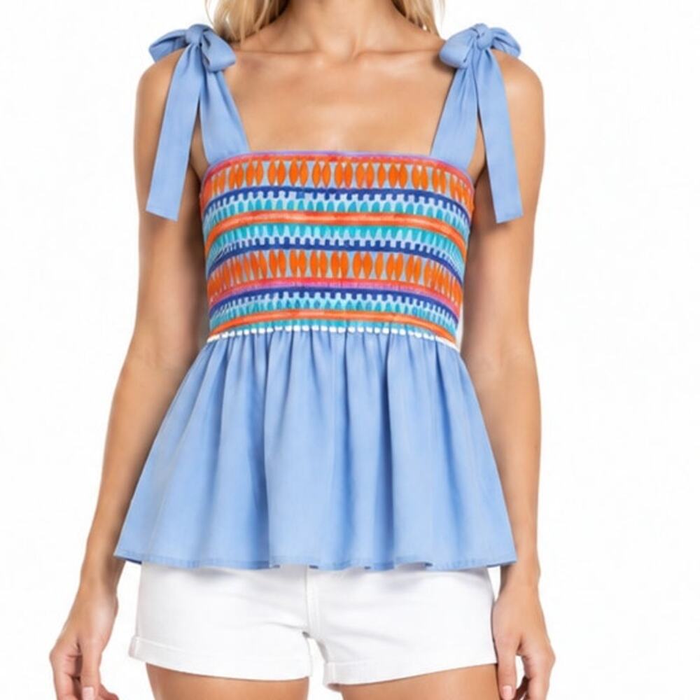 THML Womens XS Blue Embroidered Smocked Babydoll Top Tie Strap Boho Cotton